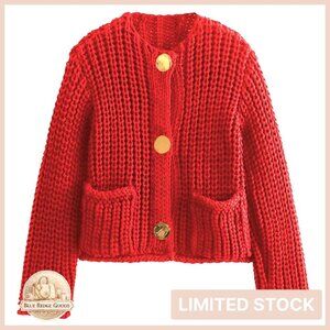 Cropped Cardigan Sweater Chunky Knit Open Front Button Down Loose Fit